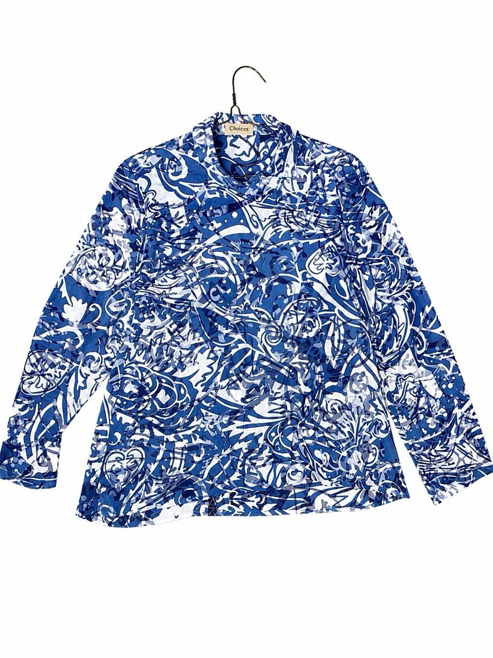 Choices Women’s Large Blue White Abstract Sheer Button Front Long Sleeve
